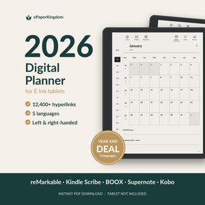 Peut inclure: Un agenda numérique 2026 pour tablettes à encre électronique affiché sur deux tablettes noires avec un stylet. L'écran montre un calendrier de janvier. Le texte inclut ePaperKingdom, 2026 Digital Planner, 12 400+ hyperliens, 5 langues, Left & right-handed, YEAR-END DEAL, et reMarkable, Kindle Scribe, BOOX, Supernote, Kobo.