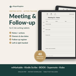May include: A digital meeting and follow-up planner template for E Ink tablets. The screen displays a Meeting 01 Notes page with sections for title, date, agenda, discussion notes, and decisions. A circular badge indicates 40 meetings and 90 linked pages.