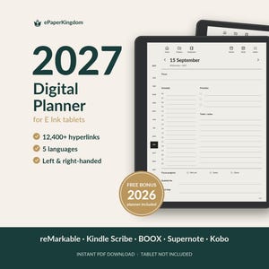 Peut inclure: Un agenda numérique 2027 pour tablettes à encre électronique affiché sur deux tablettes noires avec un stylet. L'écran montre un emploi du temps pour le 15 septembre. Le texte inclut ePaperKingdom, 12 400+ liens, 5 langues et un bonus 2026.
