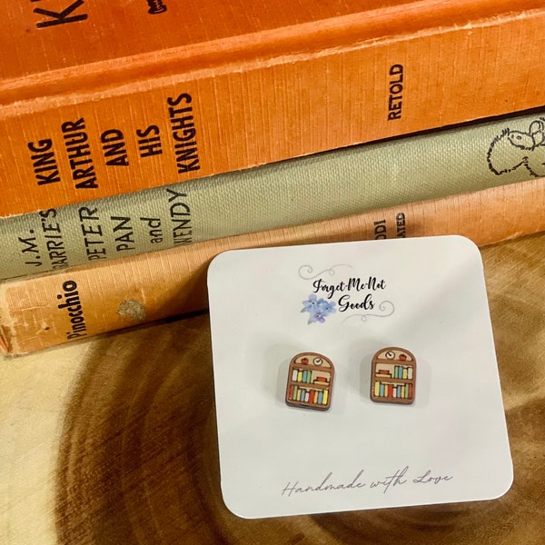 Wooden Bookshelf Stud Earrings