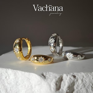 Vachana - Triple Sunshine Cubic Zirconia Sterling Silver Huggie Hoop Earrings