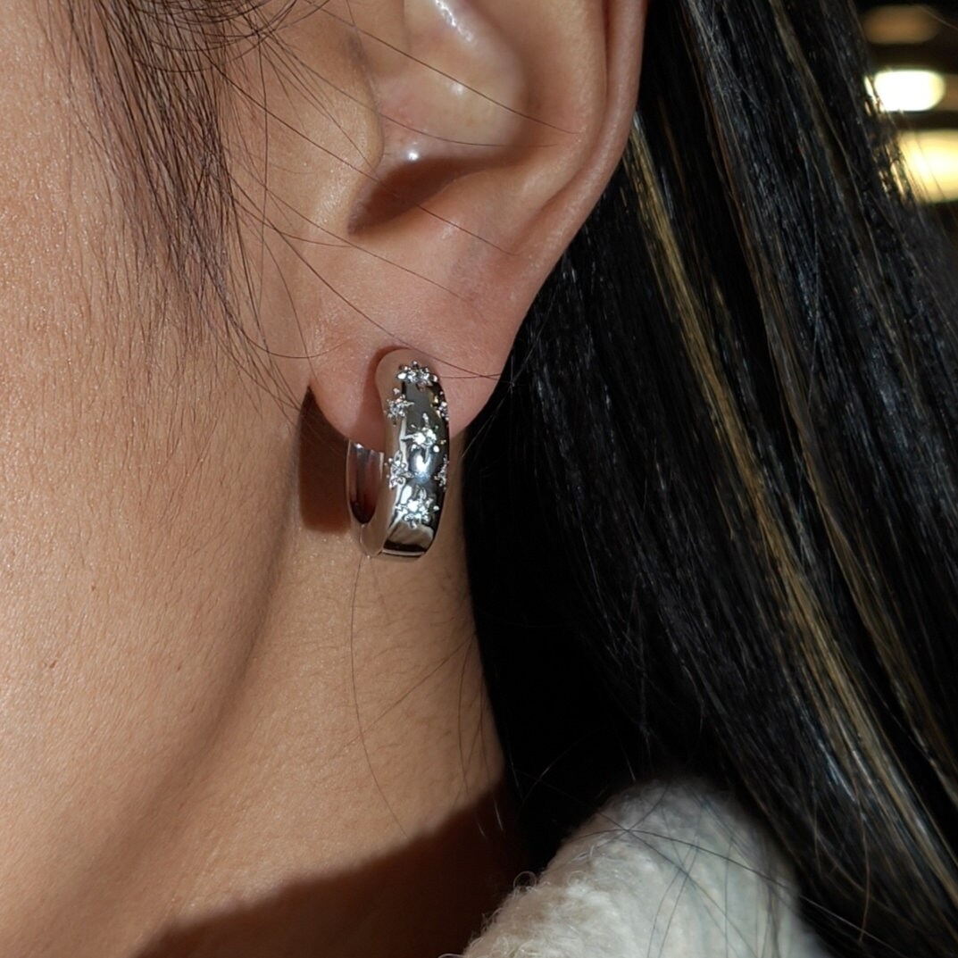 Silver Colour Chucky Star Cubic Zirconia Hoop Earrings