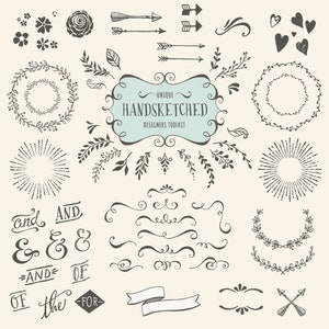 May include: A set of hand-drawn design elements, including wreaths, arrows, swirls, hearts, stars, and text. The text includes the words "and", "AND", "&", "OF", "the", and "FOR". The text "UNIQUE HANDSKETCHED DESIGNERS TOOLKIT" is also included.