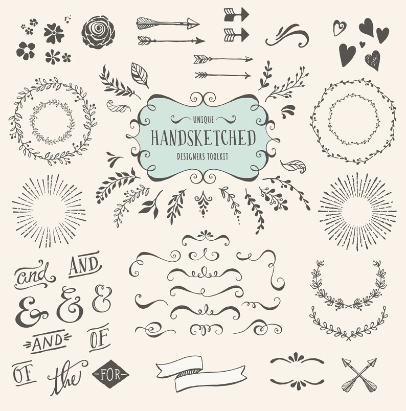 May include: A set of hand-drawn design elements, including wreaths, arrows, swirls, hearts, stars, and text. The text includes the words "and", "AND", "&", "OF", "the", and "FOR". The text "UNIQUE HANDSKETCHED DESIGNERS TOOLKIT" is also included.