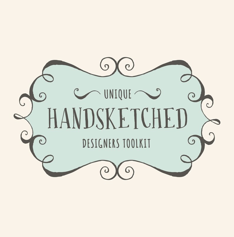 May include: A light blue and black graphic design logo with a decorative border. The logo says "Unique Handsketched Designers Toolkit".