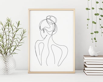 Terugtekening vrouw, vrouwelijke kunstafdruk, one line art, afdrukbare muurkunst, silhouet van de vrouw, decor meisje kamer, minimalistische kunst, digitale PRINT