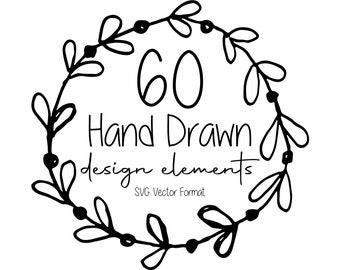 60 handgetekende vectorontwerpelementen, bloemenbladeren, banners, randen, vormen, lijnen, SVG-formaat, downloadbare vectorkunst, Illustrator