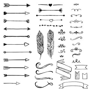 May include: A set of hand-drawn black and white design elements, including arrows, dividers, swirls, feathers, and banners. These elements can be used for scrapbooking, card making, invitations, and other creative projects.