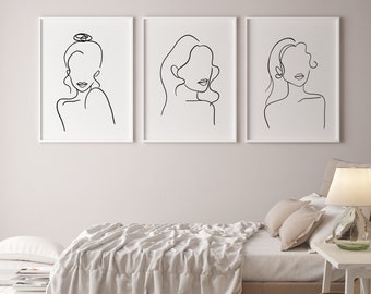 Set van 3 vrouwelijke lijntekeningen, Line Art Print, Line Art Poster, Woman Line Art Print, Head Shot Silhouette, Zwart-wit Digitale Download