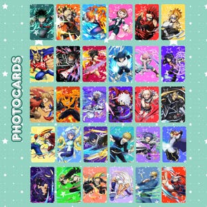 May include: A collection of colorful photocards featuring various anime characters. Each card has a unique design with vibrant colors and dynamic poses. The word "PHOTOCARDS" is printed vertically on the left side of the image.