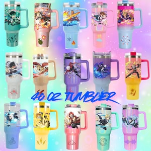 May include: A collection of fifteen 40 oz tumblers with handles and lids, each featuring unique anime character illustrations and thematic icons in various colors including teal, pink, blue, white, tan, purple, yellow, and lavender.