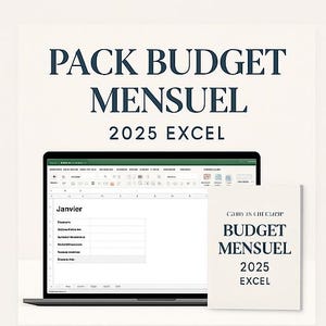 Peut inclure: Un ordinateur portable affichant une feuille de calcul avec le mot "Janvier" en haut à gauche. Un livret avec le texte "Budget Mensuel 2025 Excel" est à côté de l'ordinateur portable. Le texte "Pack Budget Mensuel 2025 Excel" est en haut.