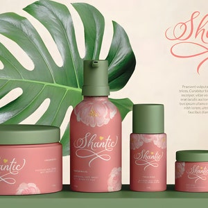 Pu&ograve; includere: Un set di prodotti di bellezza rosa e verdi con la parola "Shantic" su ogni flacone e barattolo. I prodotti includono un lavaggio per mani e corpo, una crema per il viso, una lozione per il corpo e un balsamo per le labbra.
