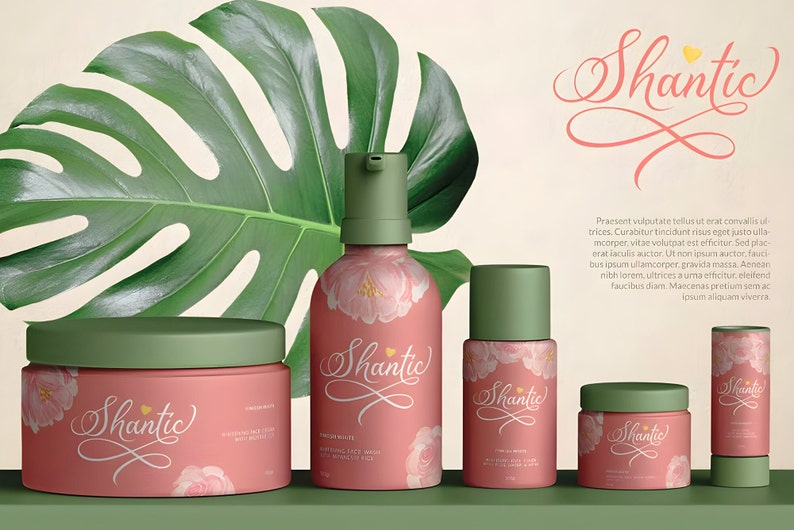 Pu&ograve; includere: Un set di prodotti di bellezza rosa e verdi con la parola "Shantic" su ogni flacone e barattolo. I prodotti includono un lavaggio per mani e corpo, una crema per il viso, una lozione per il corpo e un balsamo per le labbra.
