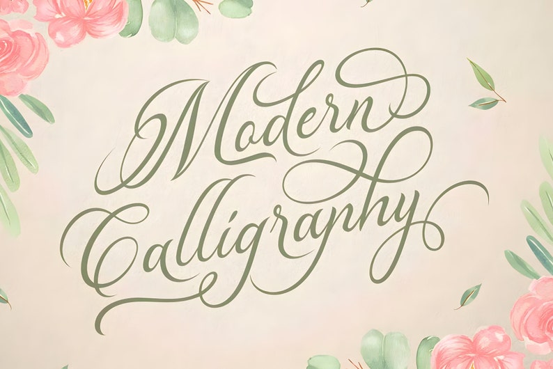 Pu&ograve; includere: Uno sfondo rosa chiaro con foglie verdi e fiori rosa che circondano il testo "Modern Calligraphy" in un carattere corsivo verde.