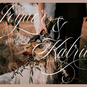 May include: A wedding announcement with the names Joyner & Katrine written in elegant white calligraphy against a blurred background of a couple holding a bouquet of flowers.
