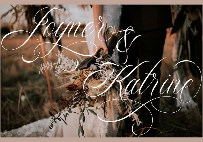 May include: A wedding announcement with the names Joyner & Katrine written in elegant white calligraphy against a blurred background of a couple holding a bouquet of flowers.