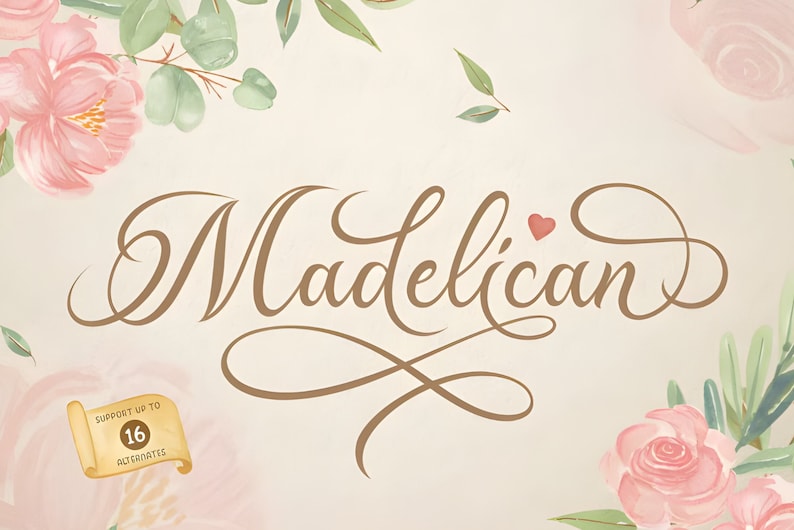 Pu&ograve; includere: Un design di font corsivo chiamato "Madelican" con un piccolo cuore rosso. Il font &egrave; di colore marrone e ha una fioritura decorativa. Lo sfondo &egrave; di colore beige chiaro con fiori rosa e foglie verdi.