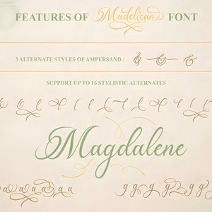 Pu&ograve; includere: Un esempio del font Madelican, un font di scrittura corsivo con 16 alternative stilistiche. Il font &egrave; mostrato su uno sfondo rosa chiaro con fogliame verde. La parola "Magdalene" &egrave; scritta nel font, insieme a esempi della lettera "a" e "g" con diverse alternative stilistiche.