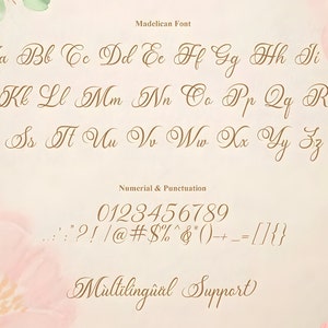 Pu&ograve; includere: Un esempio del font Madelican, che mostra l'alfabeto in minuscolo, i numeri da 0 a 9 e i segni di punteggiatura. Il font &egrave; in stile corsivo con un colore marrone su uno sfondo rosa chiaro con accenti floreali.