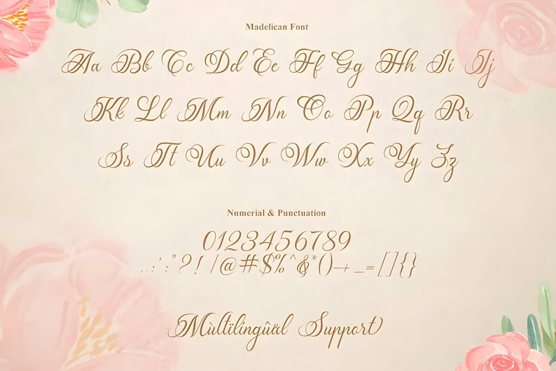 Pu&ograve; includere: Un esempio del font Madelican, che mostra l'alfabeto in minuscolo, i numeri da 0 a 9 e i segni di punteggiatura. Il font &egrave; in stile corsivo con un colore marrone su uno sfondo rosa chiaro con accenti floreali.