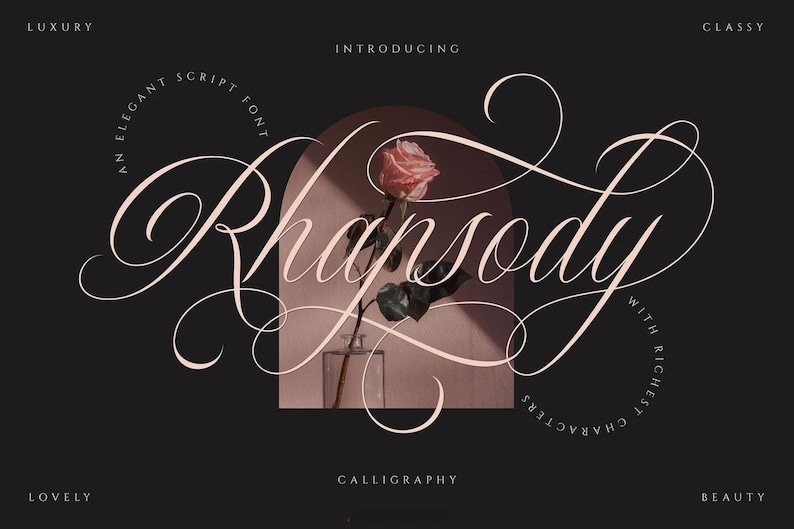 May include: A calligraphy font called "Rhapsody" with a rose in a glass vase. The font is described as "an elegant script font" and "with richest characters".