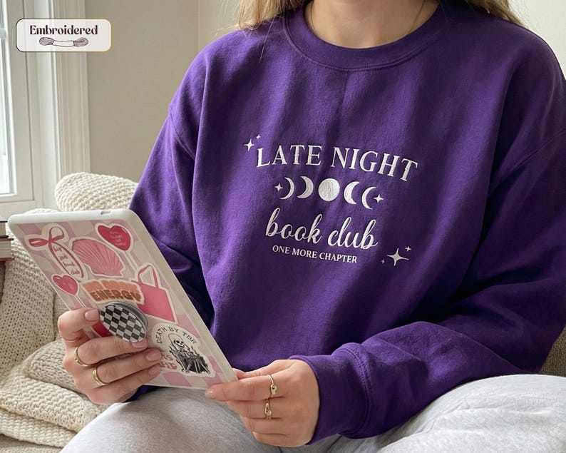 Late night book club sweatshirt, Book lover gift, Bookish, Bookish gifts, Gifts for readers, Booktok, Book merch Purple