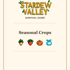 Könnte beinhalten: Ein Stardew Valley Survival Guide Dokument mit dem Titel Seasonal Crops. Es enthält Pixel-Art-Symbole einer Pastinake, einer Erdbeere, eines Kürbisses und einer blauen Blume. Der Text Game artwork & logo: ConcernedApe steht unten.