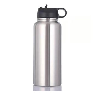 May include: A silver stainless steel water bottle with a black lid and a carrying handle. The bottle has a sleek, modern design.