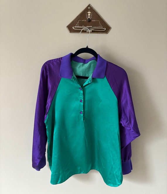 Vintage '70s '80s purple and teal clowncore top / 