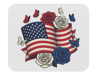 Tappetino per mouse con rose e bandiera americana / Stelle e strisce patriottiche, rosso, bianco e blu