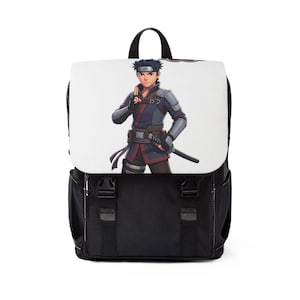 May include: A black backpack featuring a white flap with a graphic illustration of a dark-haired anime character wearing a headband, dark blue and red armor, and holding a sword. The backpack has two black buckle straps on the front pocket.