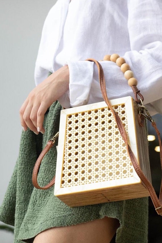 Woven Cane Handmade Purse Fashion Design Wood Box Bag and 