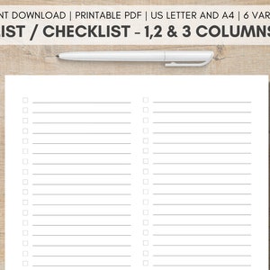 Puede incluir: Una lista de verificación imprimible con dos columnas de líneas en blanco y casillas de verificación. La lista de verificación está diseñada para hacer listas con 1, 2 o 3 columnas. El texto en la parte superior de la página dice "LIST / CHECKLIST - 1, 2 & 3 COLUMNS".