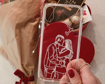 Custom Couple Phone Case with Line Art Illustration from Photo, Cute Gift for Boyfriend or Girlfriend, Personalized Clear Phone Case