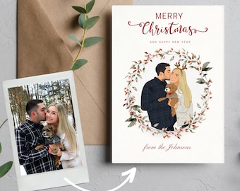 Digital custom Christmas card design with handmade personalized illustration from your photo - DIGITAL FILE ONLY -