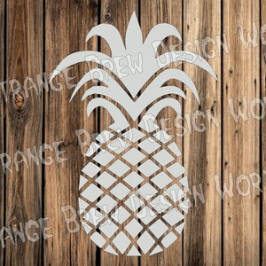 May include: A white silhouette of a pineapple with a detailed design on a wood background.