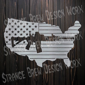 May include: A metal cutout of the United States of America with an American flag design. The flag is made up of red and white stripes and a field of blue stars. Two rifles are superimposed over the flag, one on each side of the outline of the United States.
