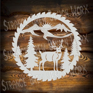 May include: White silhouette of a deer standing in a forest with mountains and a sun in the background. The image is inside a circular saw blade.