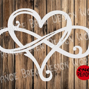 May include: White infinity symbol with a heart shape in the center. The symbol is on a wood background with the text "CNC Ready" in a red circle.