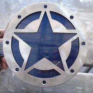 May include: A silver metal star cutout with a blue background. The star is surrounded by a circle of smaller holes.