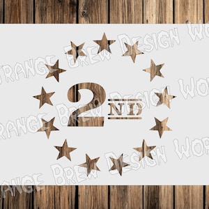 May include: White stencil with a number "2" and the word "ND" underneath. The number is surrounded by a circle of 12 stars.