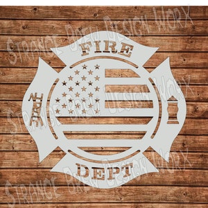 May include: White silhouette of a fire department badge with an American flag in the center. The badge has the words "FIRE DEPT" around the flag. The badge is on a wood background.