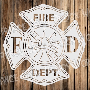 Puede incluir: Plantilla blanca de un logotipo de bomberos con un casco de bombero, un hacha y una manguera en el centro. Las palabras "FIRE DEPT." están en la plantilla.