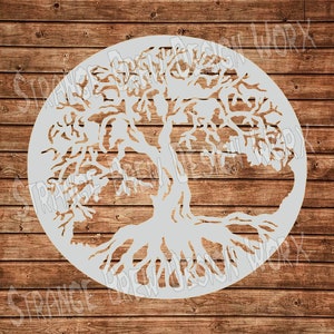 May include: A white silhouette of a tree with intricate branches and roots, set against a woodgrain background.