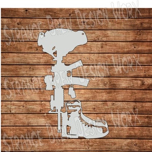 May include: A white silhouette of a boot, rifle, and helmet, a common symbol of remembrance for fallen soldiers.