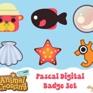 Peut inclure: Un ensemble de badges numériques représentant des personnages du jeu vidéo Animal Crossing. Les badges comprennent une loutre de mer rouge et jaune portant un chapeau blanc, un poisson noir et rouge, une coquille blanche, une étoile de mer rouge et jaune, un hippocampe orange et une bulle bleue et blanche.