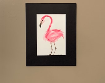 Pink Flamingo Watercolor Painting|Matted