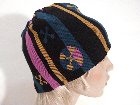 Vintage Women's BRAINWEAR Knit Hat, Black Pink Ye… - image 1