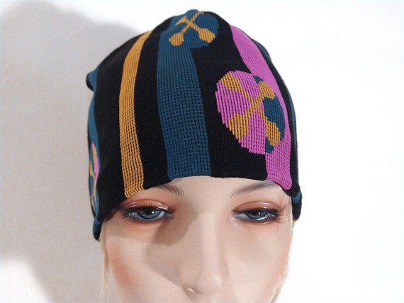 Vintage Women's BRAINWEAR Knit Hat, Black Pink Ye… - image 3